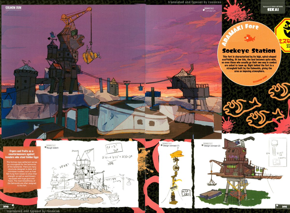 rassicas's tweet photo. Information on Sockeye Station and Gone Fission Hydroplant from the Splatoon 3 artbook, translated and typeset. Pages 290-293.

 Haven't done a translation from the s3 artbook in a while, I felt like a TL of these pages was long overdue lol https://t.co/af6Hqqz2wV