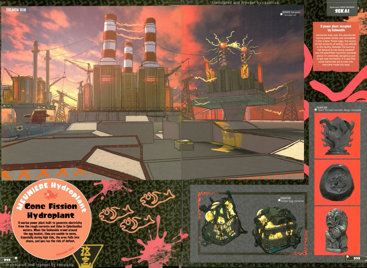rassicas's tweet photo. Information on Sockeye Station and Gone Fission Hydroplant from the Splatoon 3 artbook, translated and typeset. Pages 290-293.

 Haven't done a translation from the s3 artbook in a while, I felt like a TL of these pages was long overdue lol https://t.co/af6Hqqz2wV