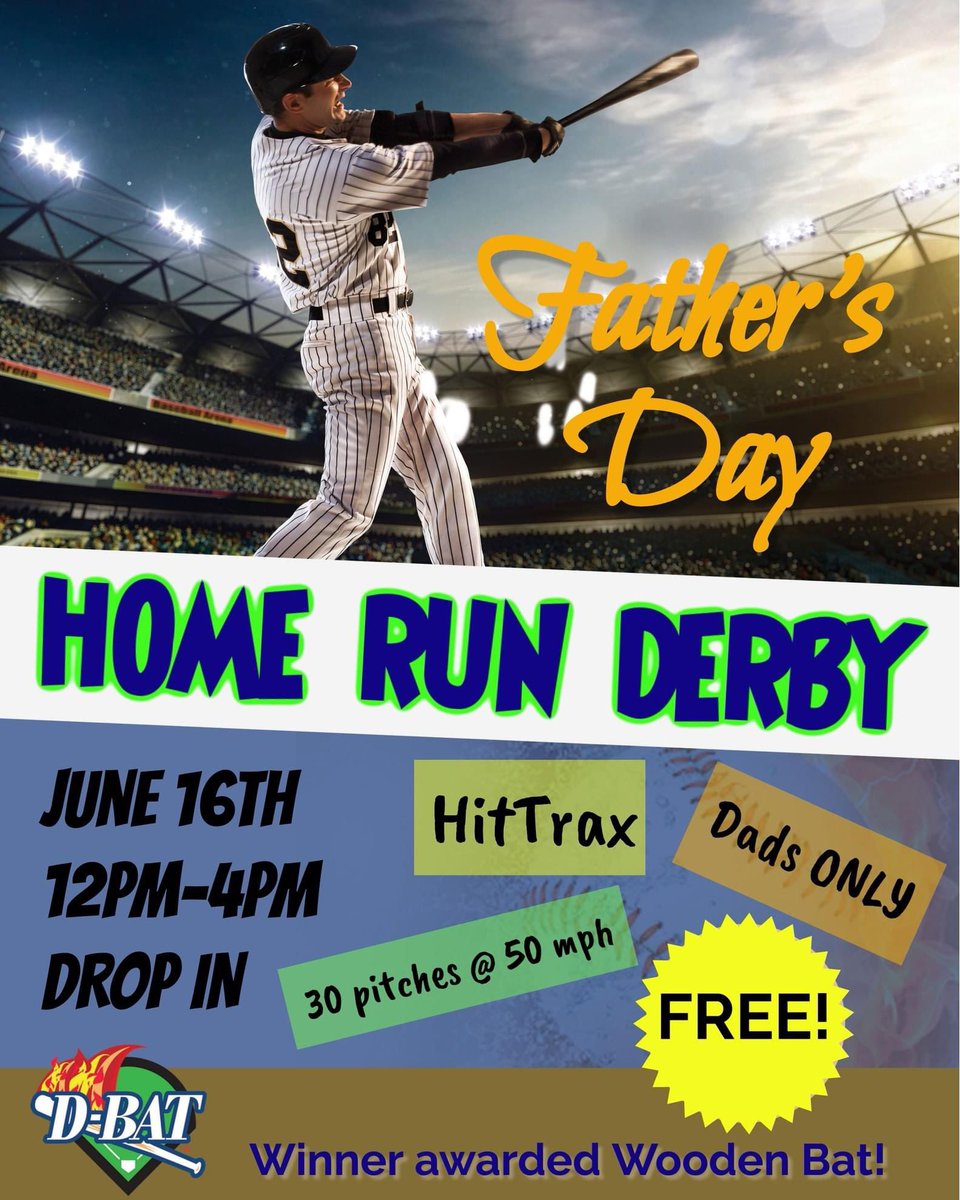 Sunday is the big day Dads!  It’s your time to show off.  Drop in between 12-4 and prove you still got “IT”. Come by tomorrow and get some practice in.

#homerunderby #fathersday #dbat