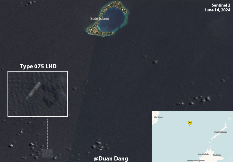 duandang's tweet photo. China's Type 075 LHD was spotted near Subi Reef on June 14, marking its first deployment to the Spratly Islands in the South China Sea, just one day before the China Coast Guard's new detention rule took effect. https://t.co/N1KocJ1Zfp