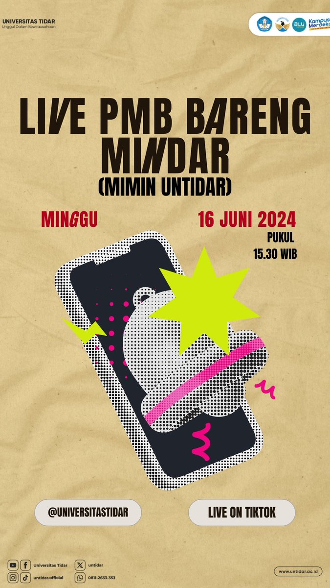 Haloo Calon Tidar Muda!

Buat kalian yang masih bingung seputar penerimaan mahasiswa baru di UNTIDAR yuk ikut siaran langsung kita di tiktok.com/universitastid….

Jangan sampai ketinggalan yaa! 

#untidar #universitastidar #seleksimandiri