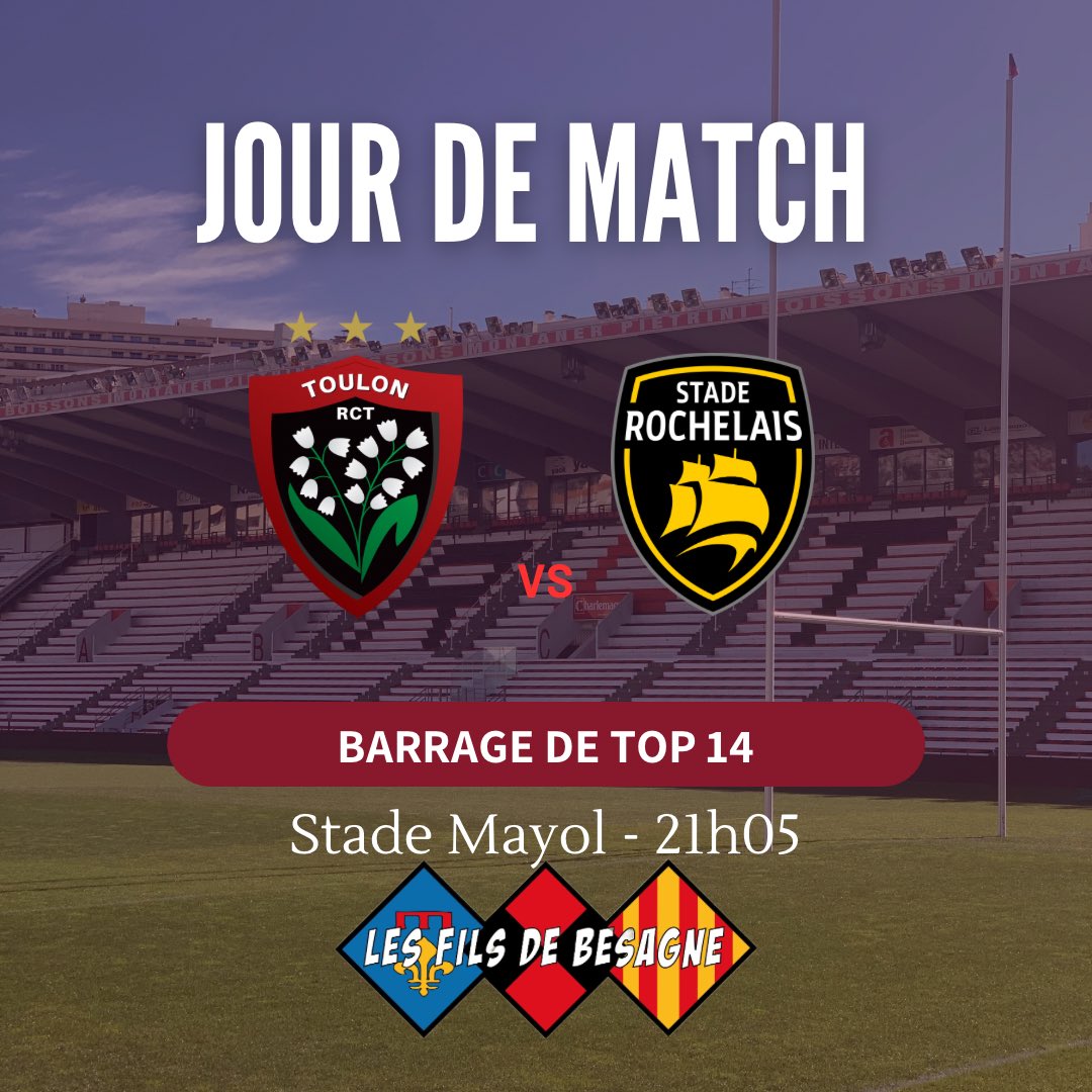 FilsdeBesagne's tweet photo. 𝐽𝑂𝑈𝑅 𝐷𝐸 𝑀𝐴𝑇𝐶𝐻 ! 

𝐓𝐨𝐮𝐥𝐨𝐧 / 𝐋𝐚 𝐑𝐨𝐜𝐡𝐞𝐥𝐥𝐞

🗓️ Barrage de Top14
🏟️ Stade Mayol
⏰ 21h05
𝑨𝒍𝒍𝒆𝒛 𝑻𝒐𝒖𝒍𝒐𝒏 🔴⚫️

#rugby #supporters #filsdebesagne https://t.co/LrRCVDCK0p