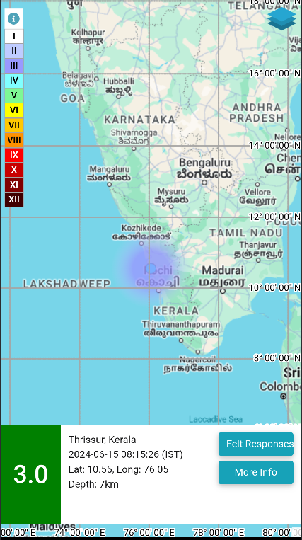 NCS_Earthquake's tweet photo. EQ of M: 3.0, On: 15/06/2024 08:15:26 IST, Lat: 10.55 N, Long: 76.05 E, Depth: 7 Km, Location: Thrissur, Kerala. 
For more information Download the BhooKamp App 
https://t.co/5gCOtjdtw0 
@DrJitendraSingh 
@Ravi_MoES 
@Dr_Mishra1966  
@ndmaindia 
@Indiametdept https://t.co/r9a0IRoq4w