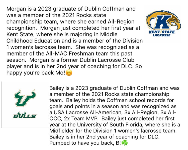 💚 Meet your DLC 2089/29 Coaches <a href="/MorganHalli/">Morgan Halli</a> and <a href="/baileymorris113/">Bailey Morris</a> 💚 <a href="/CoffmanGirlsLax/">Dublin Coffman Girls Lacrosse</a> <a href="/LacrosseDublin/">Dublin Lacrosse</a>