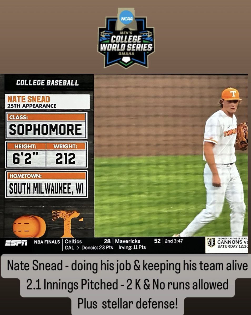 anteudovicic's tweet photo. What an amazing game! Tennessee was down 11-7 in the 7th when @SneadNate entered the game. Nate shut FSU down & the Vols were able to score 4 runs (3 with 2 outs in the bottom of the 9th) to win 12-11!

Nate not only is the first SM Rocket to pitch in the College World Series, he pitched 2 & 1/3 scoreless innings to get the Win for @Vol_Baseball! Spectacular job by Nate & the Vols! 

Next: 6pm Sunday vs UNC on ESPN2

#GoVols #GoRockets #SMProud #MakingHistory