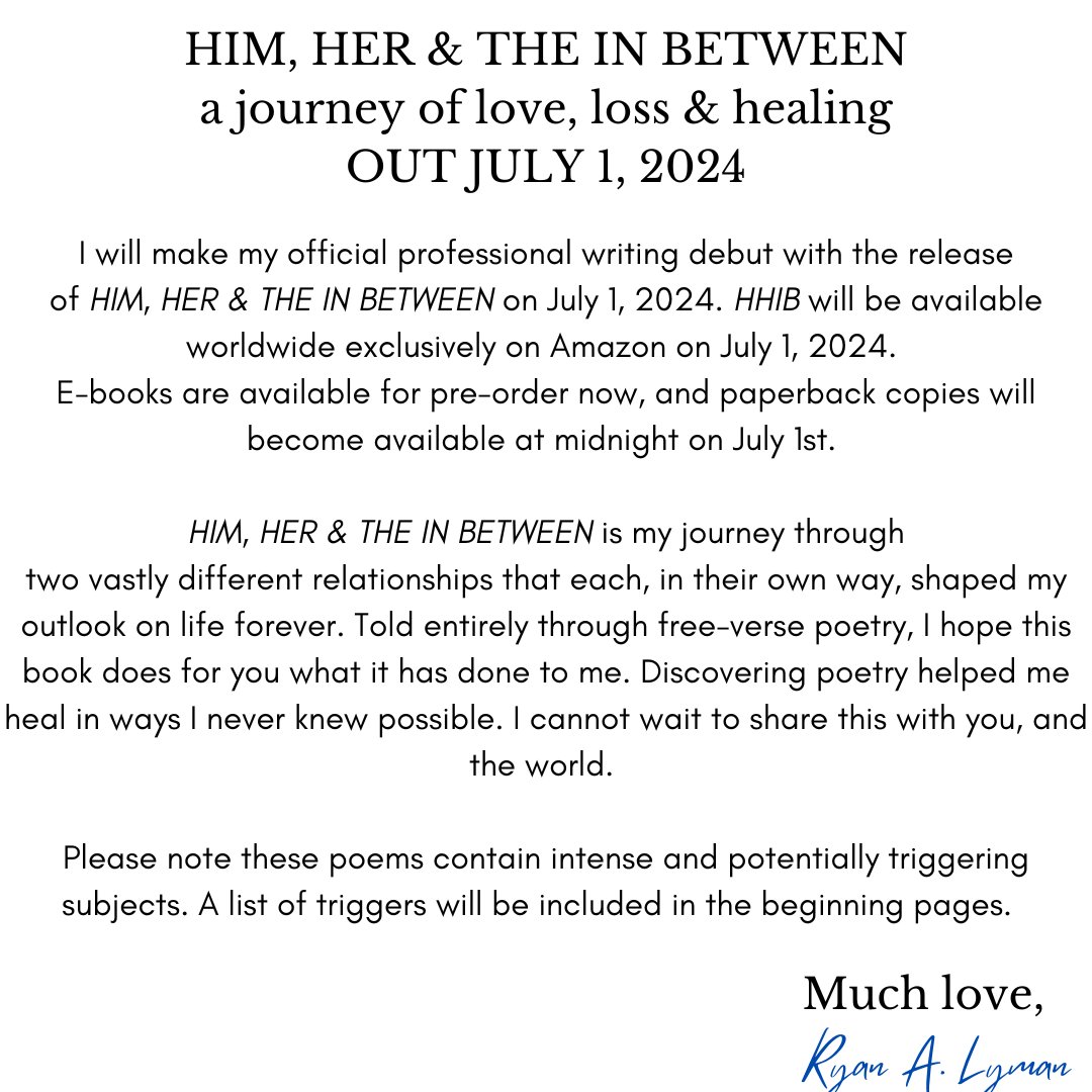 oryanwrites's tweet photo. I will be making my professional writing debut in 2 weeks with the release of HIM, HER &amp; THE IN BETWEEN

E-book pre-orders are live now and paperback copies will be available July 1st at midnight wherever you are.

Much love, 
Ryan A. Lyman 
(or as YA is concerned, Oliver O'Ryan) https://t.co/mvaKFLsZJS