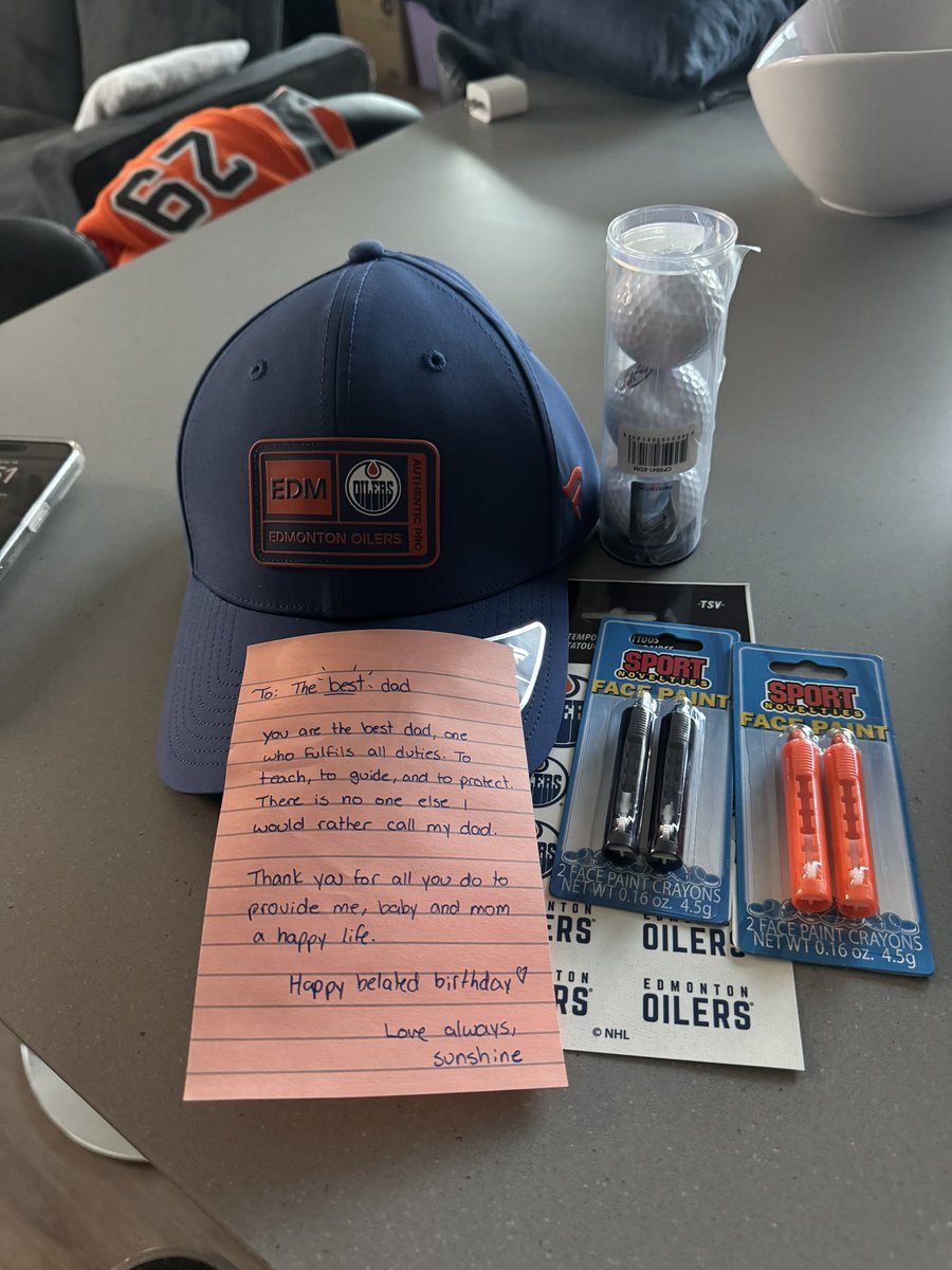 DNorwegian's tweet photo. Belated Birthday Gift from the best daughter ever! Loving the supplies for the @EdmontonOilers game 4 tomorrow! 
#Game4 #LetsGoOilers https://t.co/SR3zrdfvsc