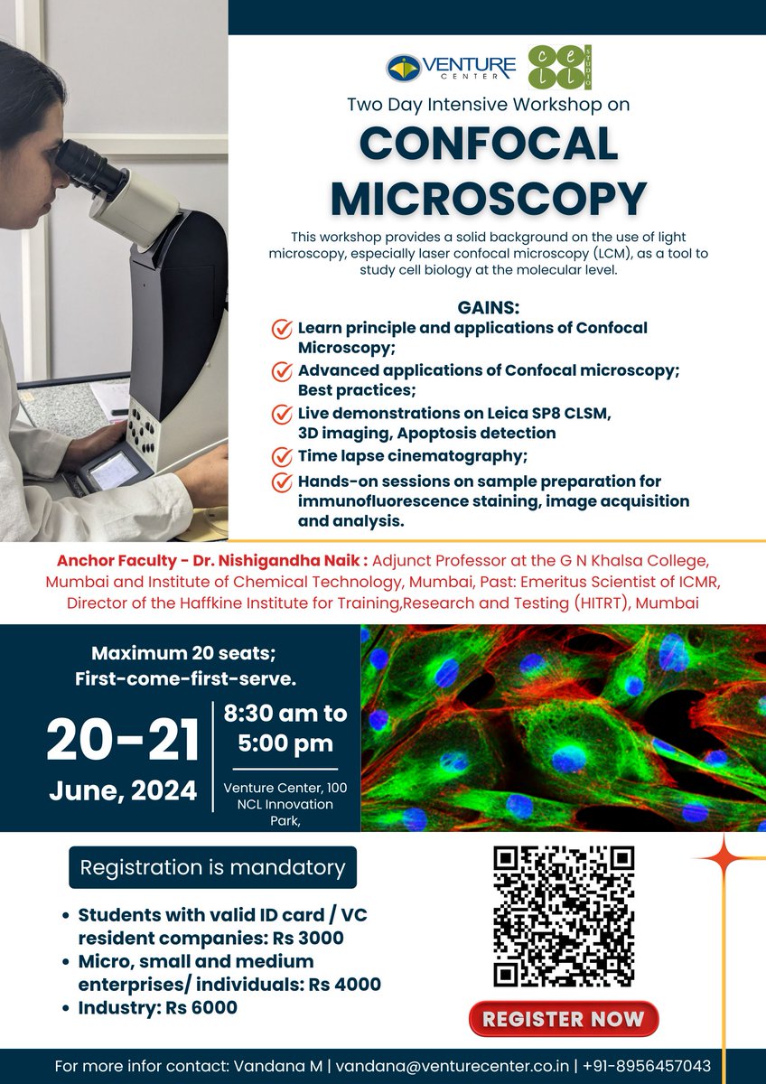 CBA_VC2019's tweet photo. Inviting all microscopy enthusiasts for a 2day, hands-on workshop on #Confocalmicroscopy.
Registration Link:  https://t.co/yBSDwPuk3z
More details:  https://t.co/vi2huhdSWF
Contact:  Vandana M | vandana@venturecenter.co.in | +91- 8956457043 https://t.co/0q44Tjx7lg