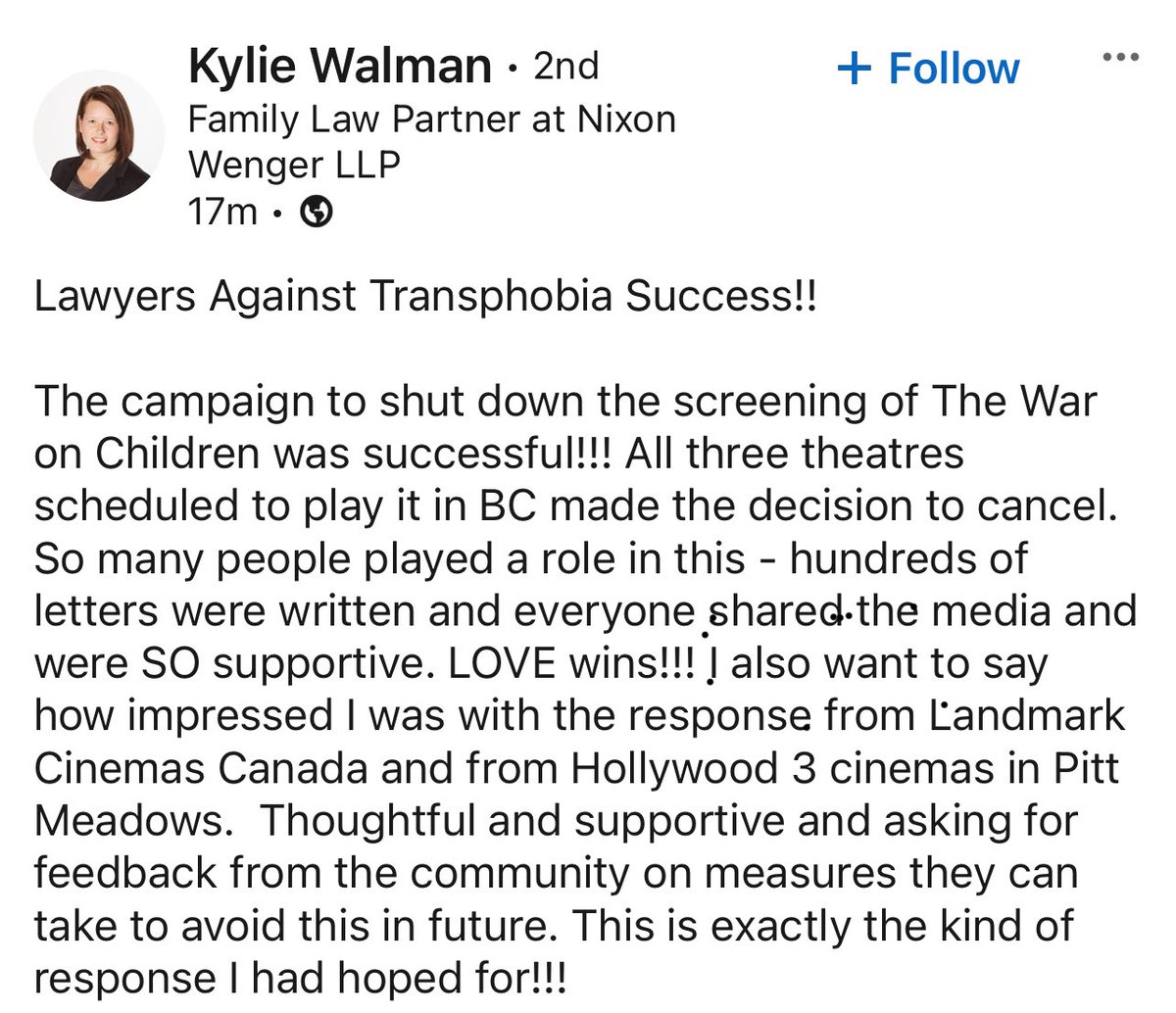 freedomntwrk's tweet photo. The screening of The War on Children scheduled in Pitt Meadows on June 20th has now also been cancelled.  The lawyer for Lawyers Against Transphobia is very proud.  Pressure was put on theatre to cancel from advertisers and politicians.  Very disappointing but we will fight back https://t.co/t9TKvgNvYz