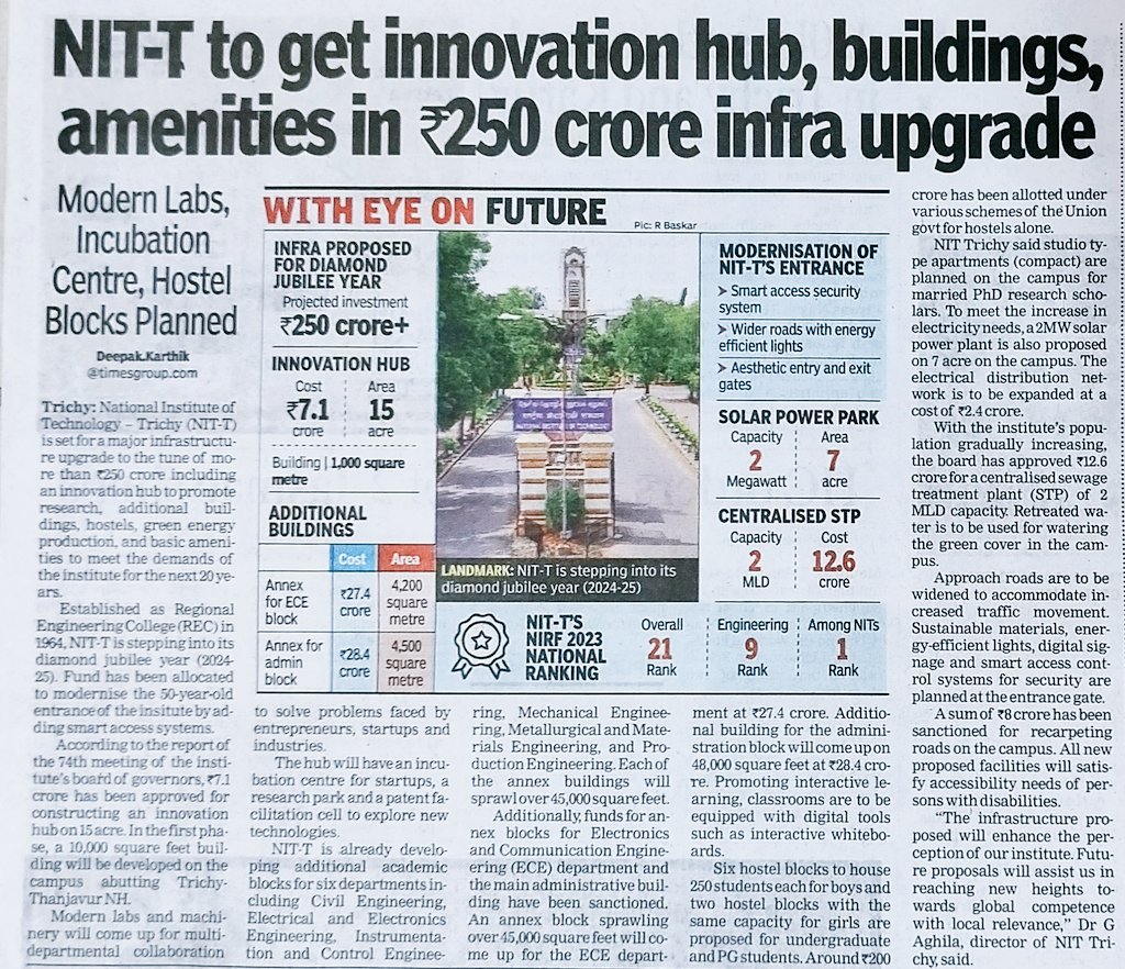 dkarthikTOI's tweet image. Over Rs 250 crore infra upgrade for NIT #Trichy. Top rated NIT in India will have
*Innovation hub to nurture startups &amp;amp; research in collaboration with industries. 
*Studio style hostels. 
*Solar power park. 
*Entrance to be modernised. 
*Annex buildings.
@timesofindia @ReachNITT