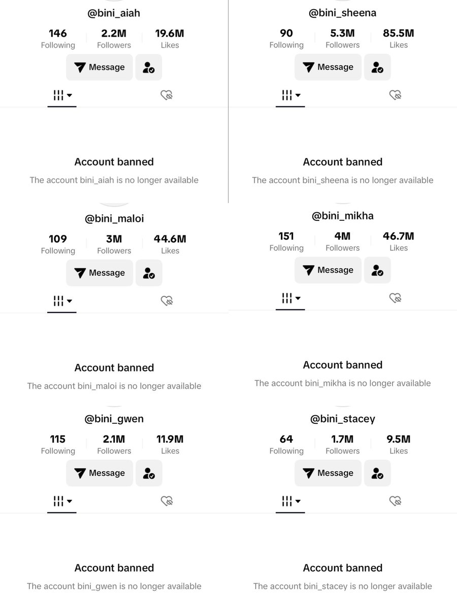 Please do something about BINI members' banned tiktok accounts (bini_aiah), (bini_maloi), (bini_sheena), (bini_gwen) (bini_mikha), (bini_stacey) <a href="/TikTokSupport/">TikTokSupport</a> <a href="/TikTokPH/">TikTok Philippines</a> <a href="/StarMusicPH/">Star Music PH</a> <a href="/BINI_ph/">BINI_PH</a>