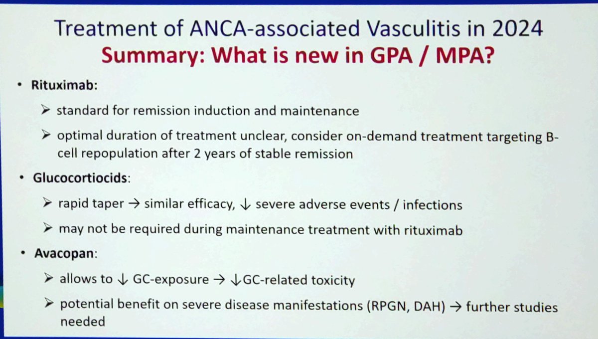 Treatment of ANCA associated #vasculitis AAV in 2024

👉🏼#Rituximab standard for remission induction &amp; maintenance
👉🏼Rapid taper glucocorticoid ▶️ similar efficacy
👉🏼#Avacopan allows reduced GC exposure

By Prof Bernhard Hellmich #EULAR2024
