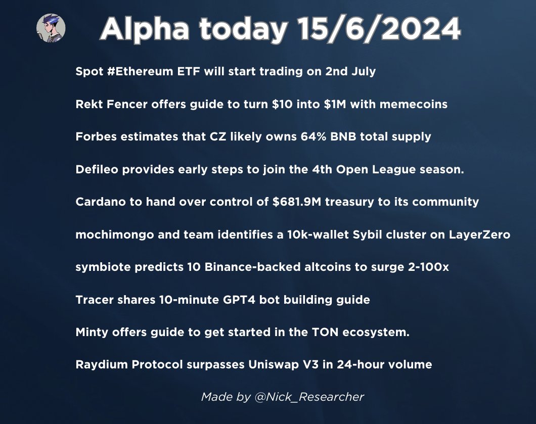Nick_Researcher's tweet photo. 🏆 Alpha today 15/6/2024

• Spot Ethereum ETF will start trading on 2nd July
• Rekt Fencer offers guide to turn $10 into $1M with memecoins (includes watchlist)
• Forbes estimates that CZ likely owns 64% BNB total supply

and more details bellow ⏬

#Ethereum #BNB #memecoins https://t.co/1tCPl4O7UC