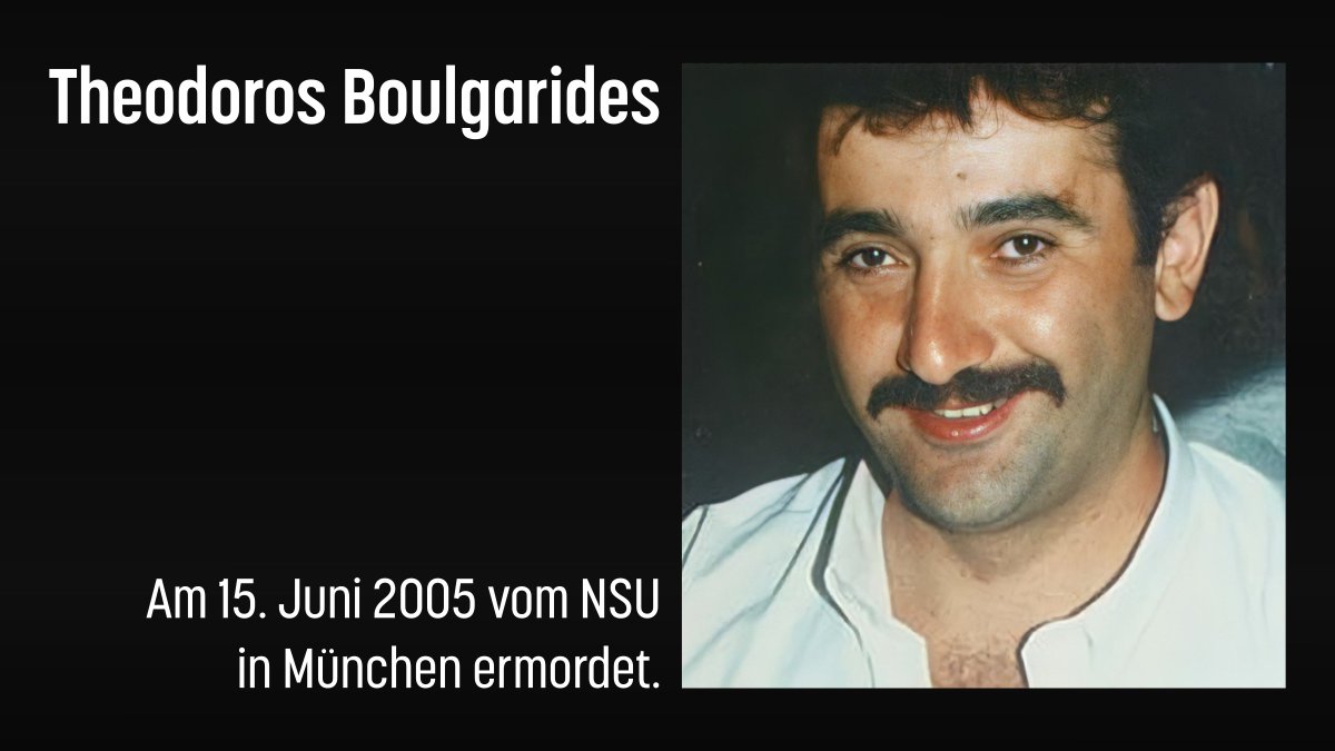 Wir gedenken: Vor 19 Jahren, am 15. Juni 2005, wurde Theodoros Boulgarides in seinem zwei Wochen zuvor eröffneten Schlüsseldienst in #München vom #NSU ermordet. Er wurde 41 Jahre alt.
#KeinSchlussstrich #KeinVergessen #RechtenTerrorStoppen