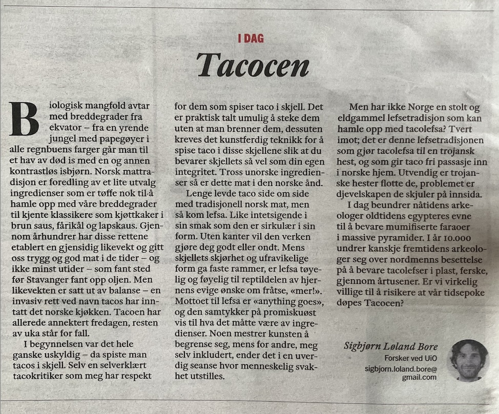 Sigbjørn Løland Bore (@sigbjornbore) on Twitter photo Mange har etterspurt dette, og her er den - den definitive teksten om norsk taco(u)kultur på baksida av lørdagsavisa til <a href="/Klassekampen/">Klassekampen</a>!
klassekampen.no/artikkel/2024-… Mange har etterspurt dette, og her er den - den definitive teksten om norsk taco(u)kultur på baksida av lørdagsavisa til <a href="/Klassekampen/">Klassekampen</a>!
klassekampen.no/artikkel/2024-…