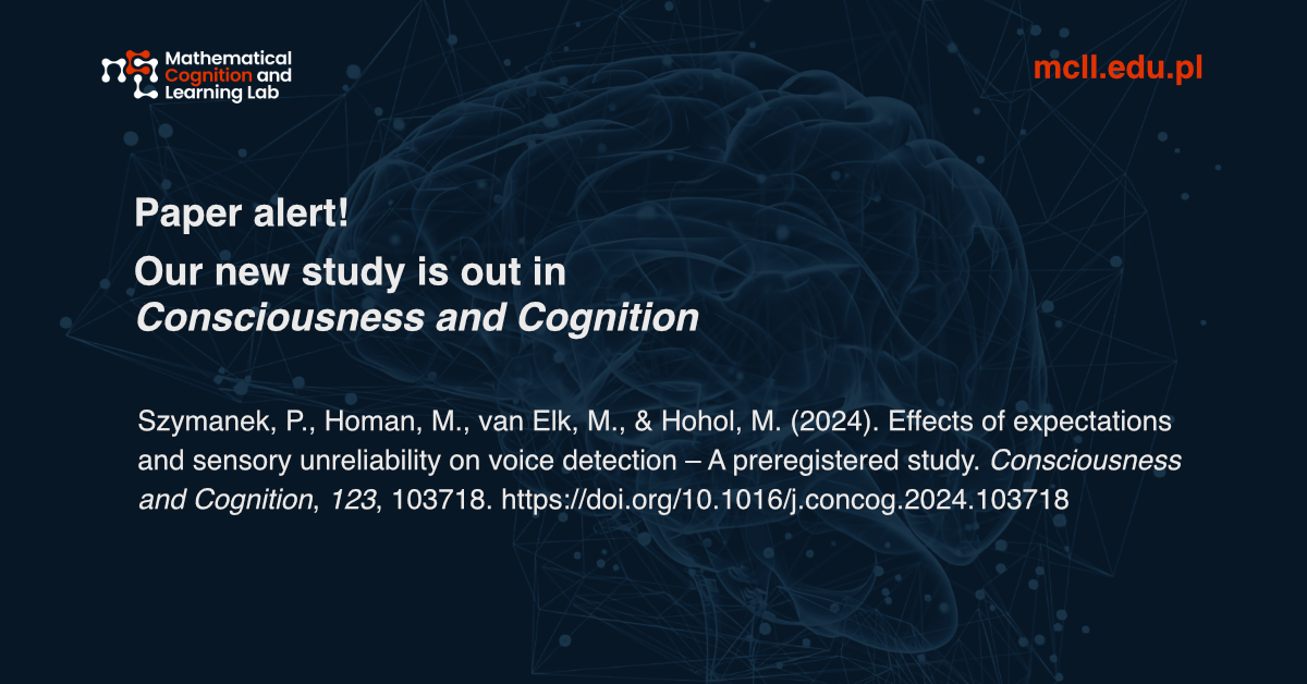 Mathematical Cognition and Learning Lab JU (@mcll_uj) on Twitter photo We're happy to announce that a new paper "Effects of expectations and sensory unreliability on voice detection – A preregistered study" by @SzymanekPiotr, M. Homan, <a href="/MichielElk/">Michiel van Elk</a>, and @mateusz_hohol is out in Consciousness and Cognition! Check
doi.org/10.1016/j.conc… We're happy to announce that a new paper "Effects of expectations and sensory unreliability on voice detection – A preregistered study" by @SzymanekPiotr, M. Homan, <a href="/MichielElk/">Michiel van Elk</a>, and @mateusz_hohol is out in Consciousness and Cognition! Check
doi.org/10.1016/j.conc…