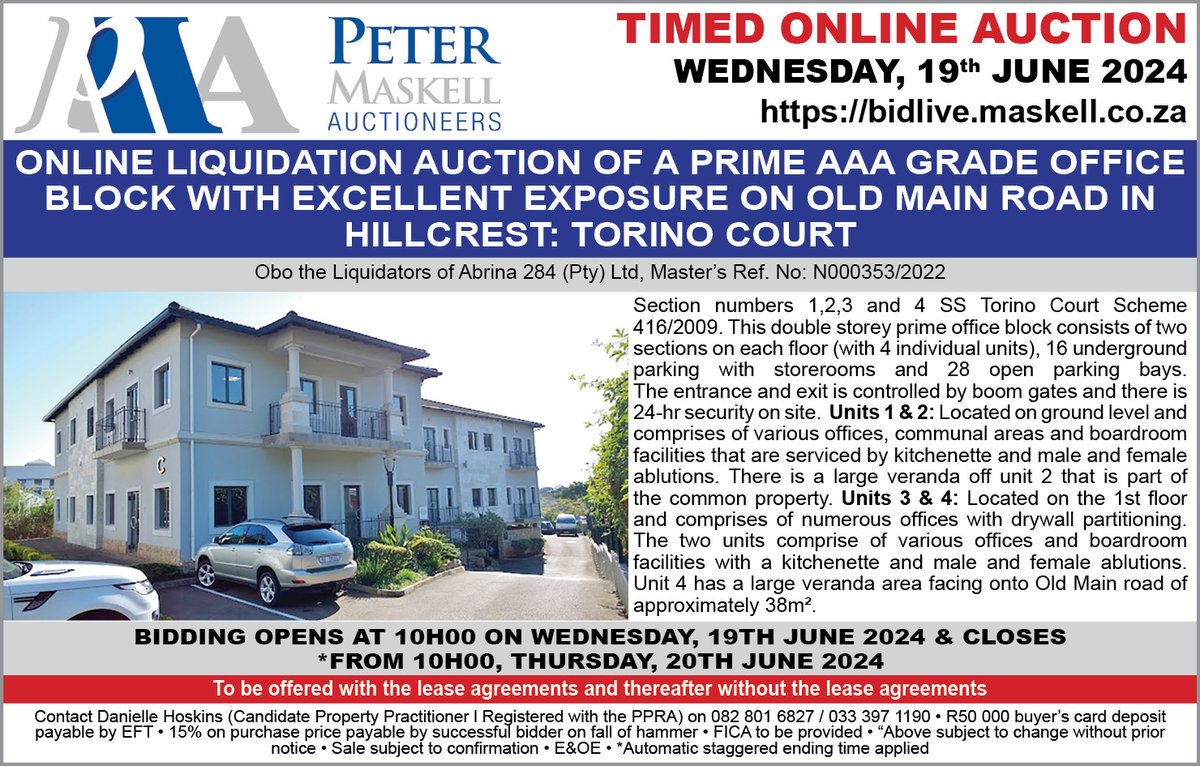 SundayTribuneSA's tweet image. #Sponsored Online liquidation auction of prime AAA Grade office Block in Hillcrest from @AuctionsPM   
#officeblock #AAAgradeoffices #torinocourt
bidlive.maskell.co.za