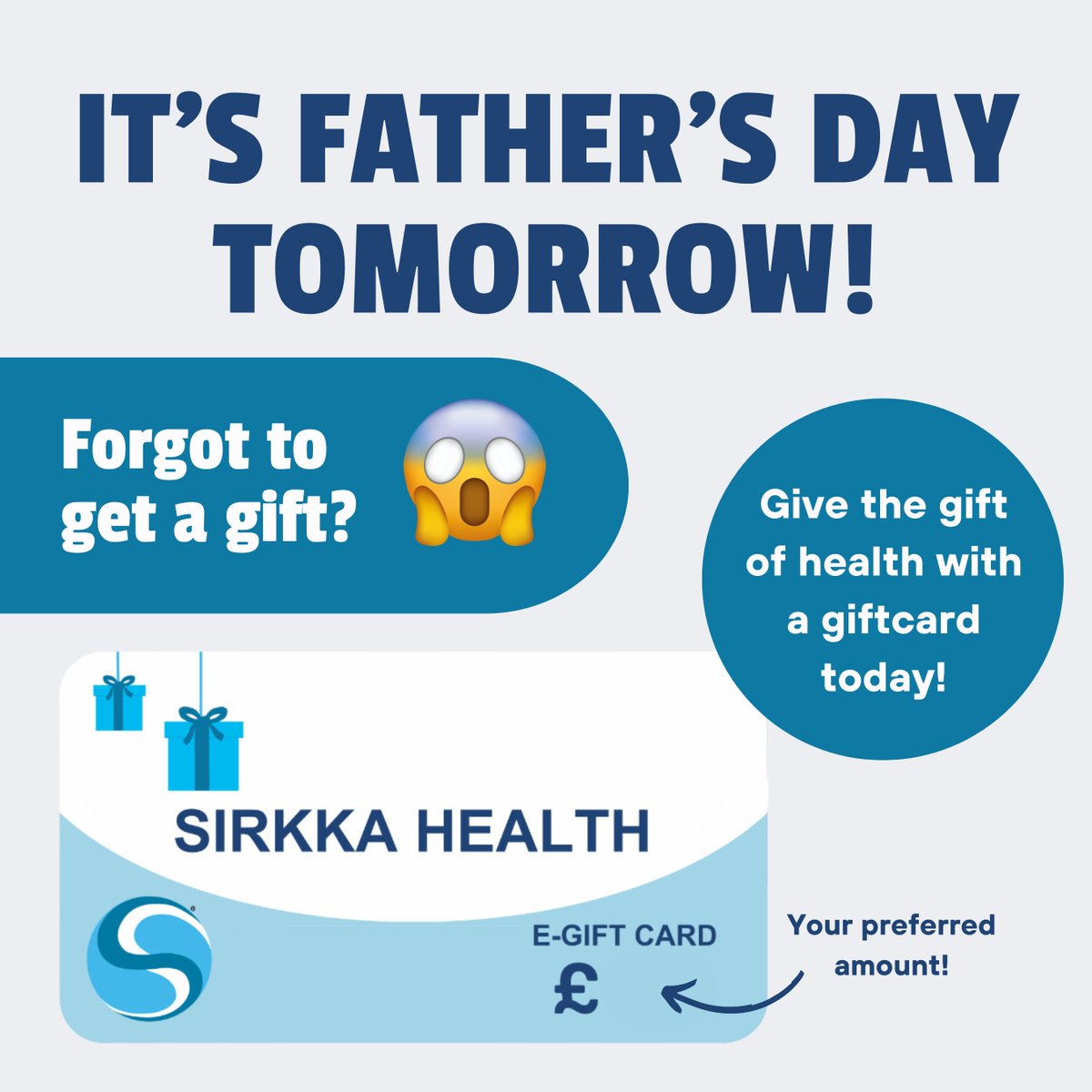 Happy Father's Day for tomorrow to fathers everywhere! Not got a gift yet? Don't worry! Get an instant gift card today with Sirkka Health for any amount for any health check we have available!

Visit: sirkkahealth.com/gift-cards
#sirkkahealth #health #digitalmarketplace #fathersday