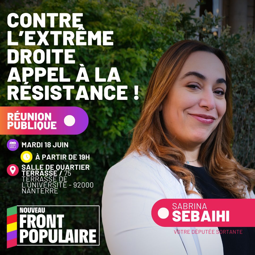 ✊MEETING CE MARDI ! 

L’heure est à la résistance contre les forces qui organisent l’arrivée de l’extrême-droite au pouvoir. Face à ce risque, nous devons plus que jamais rester unis. Retrouvons-nous nombreuses et nombreux ce mardi à #Nanterre !

#NouveauFrontPopulaire