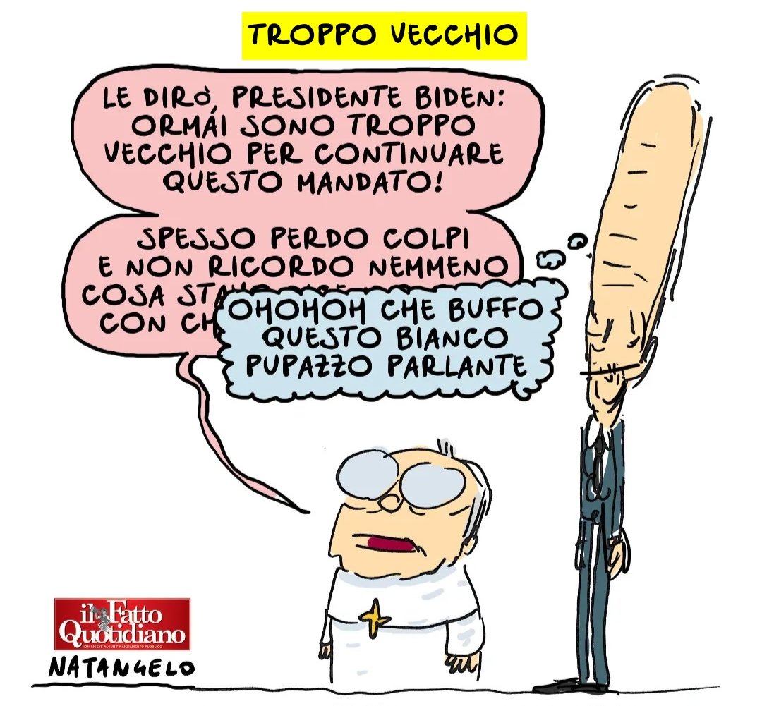 NatangeloM's tweet image. Troppo vecchio - la mia vignetta per Il Fatto Quotidiano oggi in edicola! 

#papa #borgoegnazia #g7 #biden #vignetta #fumetto #memeitaliani #umorismo #satira #humor #natangelo