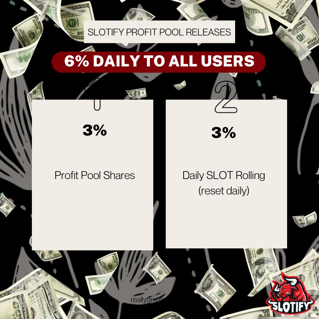 SlotifyOfficial's tweet photo. Here’s a breakdown of the 6% in profit pool shares distributed by the Slotify Profit Pool. Remember, the more shares you hold, the more daily cash reward you receive 💰⬆️ 

Simply play SLOT games to earn shares; it’s that easy! https://t.co/TDoZjGYsPm