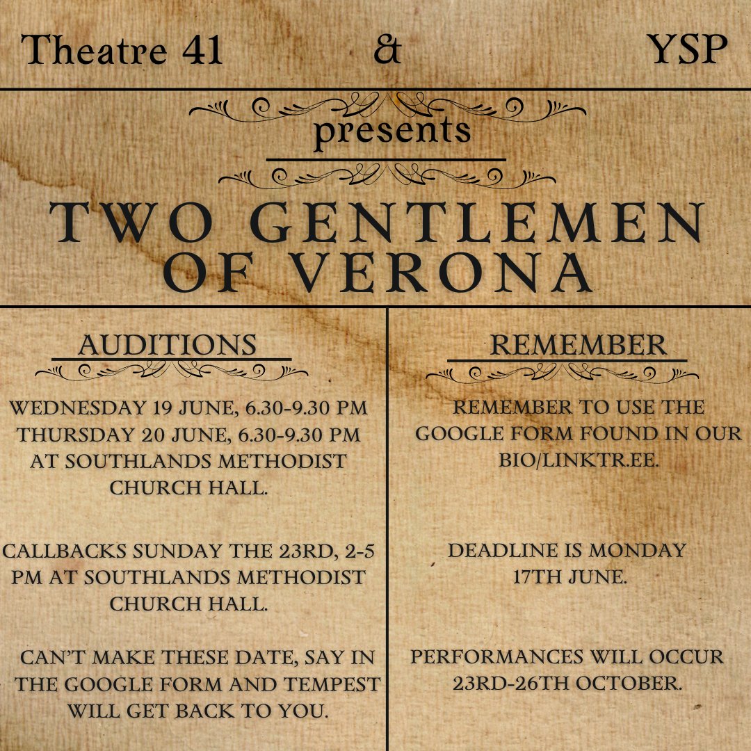 Don't forget auditions will be happening soon for #twogentlemenofverona with #YSPYork. Do fill out the Google form here docs.google.com/forms/d/e/1FAI…

Looking forward to seeing you there. 
#williamshakespeare #auditions #nextplay #victorianera #Tempestwisdom