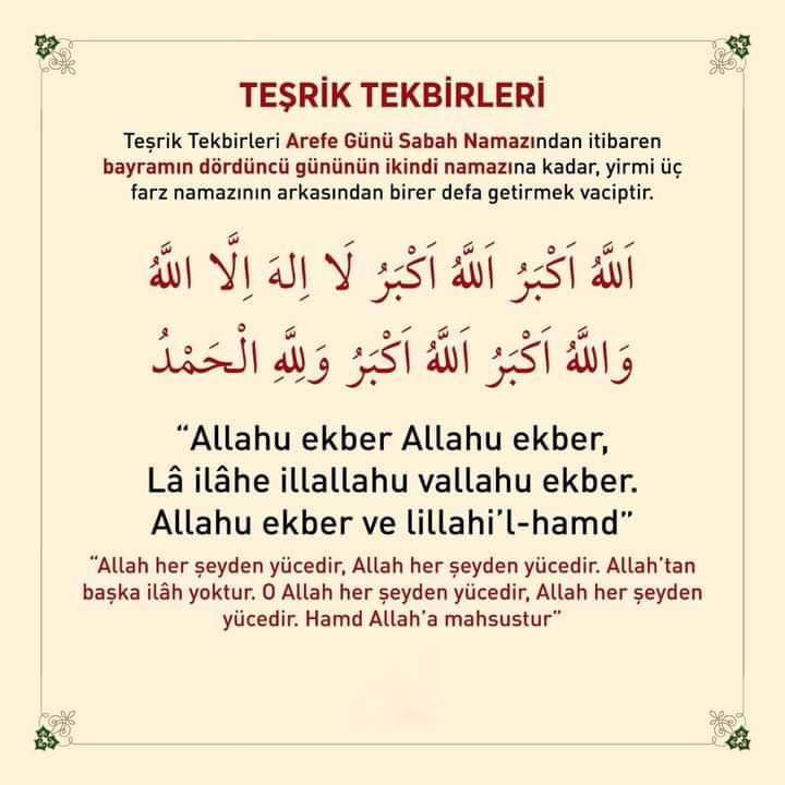 #ArafeGünü sabah namazından başlayarak bayramın 4. günü ikindi vaktine kadar (dâhil) farz namazların ardından #TeşrikTekbiri getirmeyi ihmal etmeyelim. #KurbanBayramı2024