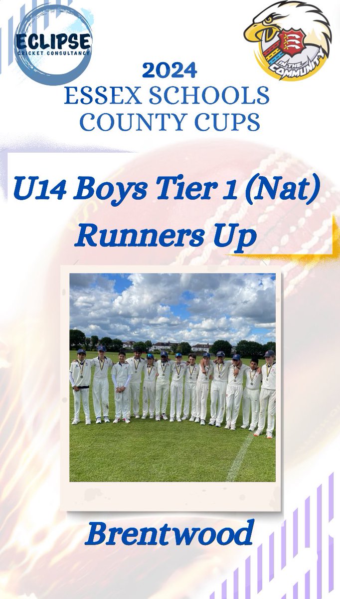 First finals of the Tier 1 (National) Essex County Cup completed.  Thanks to <a href="/ForestSchSport/">Forest School Sport</a> for hosting:

Congratulations to our finalists:

Winners
<a href="/NewHallCricket/">New Hall Cricket</a> 

Runners Up
<a href="/Brentwood_Sport/">Brentwood School Sport</a>