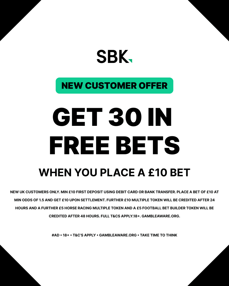 SmartAccaTips's tweet image. 🤯 I'VE FOUND A CARD TREBLE WHICH IS 185/1 WITH SBK'S 25% WINNINGS BOOST! 

👉 You'll need an SBK account for it: smartaccatip.link/SBK1030

😍 It's as low as 66/1 elsewhere.

💰 Bet £10 &amp;amp; Get £30 in FREE BETS!

💚 25 LIKES UNLOCKS IT.

#Ad 18+ GambleAware