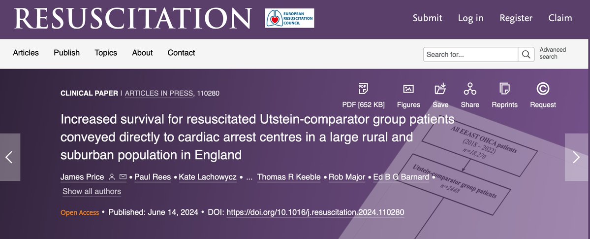 EAAA RAID Group (@eaaaraid) on Twitter photo Important paper from RAID, showing real world outcomes, that not all hospitals perform the same for resuscitated patients. Cardiac Centre care for selected patients saves lives. <a href="/EastAngliAirAmb/">East Anglian Air Ambulance</a> <a href="/DrPaulRees/">Paul Rees</a> <a href="/DrNileshPareek/">Nilesh Pareek</a> <a href="/DrKeeble/">Dr Thomas Keeble</a>
resuscitationjournal.com/article/S0300-… Important paper from RAID, showing real world outcomes, that not all hospitals perform the same for resuscitated patients. Cardiac Centre care for selected patients saves lives. <a href="/EastAngliAirAmb/">East Anglian Air Ambulance</a> <a href="/DrPaulRees/">Paul Rees</a> <a href="/DrNileshPareek/">Nilesh Pareek</a> <a href="/DrKeeble/">Dr Thomas Keeble</a>
resuscitationjournal.com/article/S0300-…