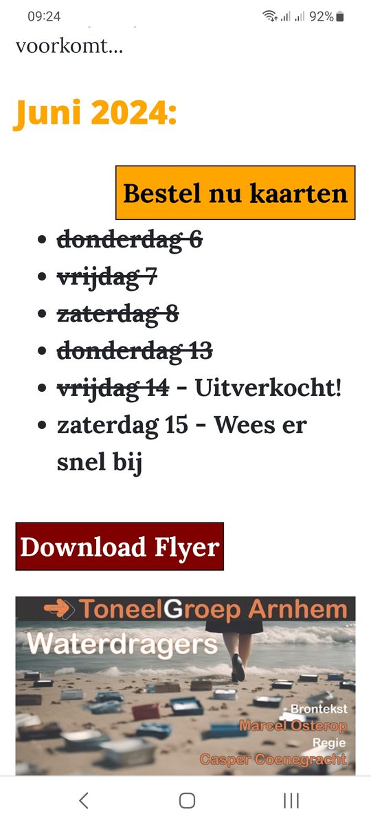 Vanavond onze laatste voorstelling van 'Waterdragers'. Er zijn nog een paar kaarten dus wees er snel bij!