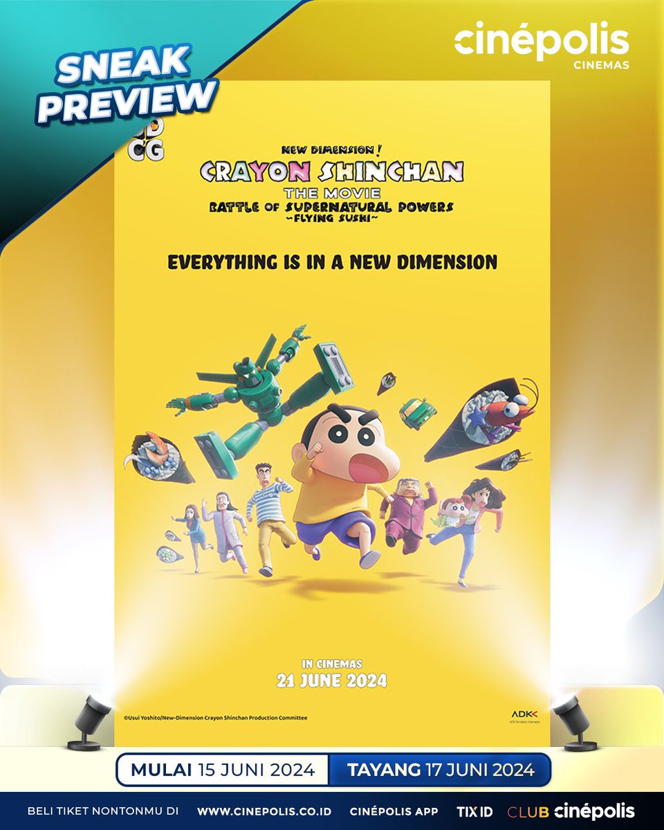 cinepolisID's tweet image. Yang kangen liat #Sinchan ayo merapaaat! 

Tonton duluan #CrayonSinchanTheMovie: Battle Of Supernatural Powers - Flying Sushi, 17 Juni 2024 di Cinépolis Cinemas! 
 
Tiket bisa kamu beli mulai HARI INI, 15 Juni 2024 di website dan aplikasi Cinépolis Indonesia. 

#CinepolisID