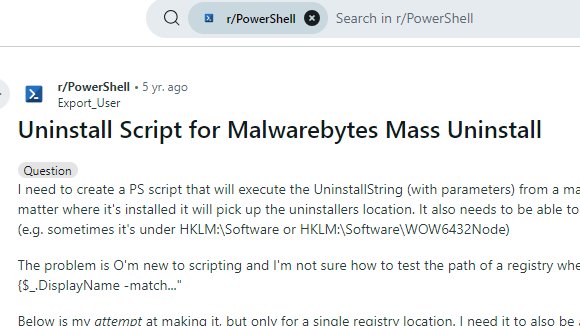 R4ck4tt4ck's tweet image. Im after the same for a friend of ours... Silent uninstall on multiple devices via PowerShell Script
Can anybody help please? 🙏
#Powershell #Malwarebytes #AVremoval #AlwaysLearning