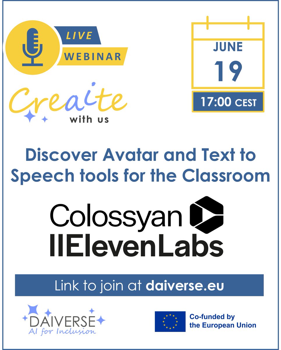 Bart Verswijvel (@bartverswijvel) on Twitter photo Join webinar of #Daiverse E+ project on Artificial Intelligence for Inclusion. Discover <a href="/colossyan/">Colossyan</a> and <a href="/elevenlabsio/">ElevenLabs</a> and learn from KIS Klosterneuburg (AT). 19 June at 5pm CEST - link on daiverse.eu
<a href="/abfromz/">Arjana</a> <a href="/lohynova/">Kornelia Lohynova</a> @eposvzw Join webinar of #Daiverse E+ project on Artificial Intelligence for Inclusion. Discover <a href="/colossyan/">Colossyan</a> and <a href="/elevenlabsio/">ElevenLabs</a> and learn from KIS Klosterneuburg (AT). 19 June at 5pm CEST - link on daiverse.eu
<a href="/abfromz/">Arjana</a> <a href="/lohynova/">Kornelia Lohynova</a> @eposvzw