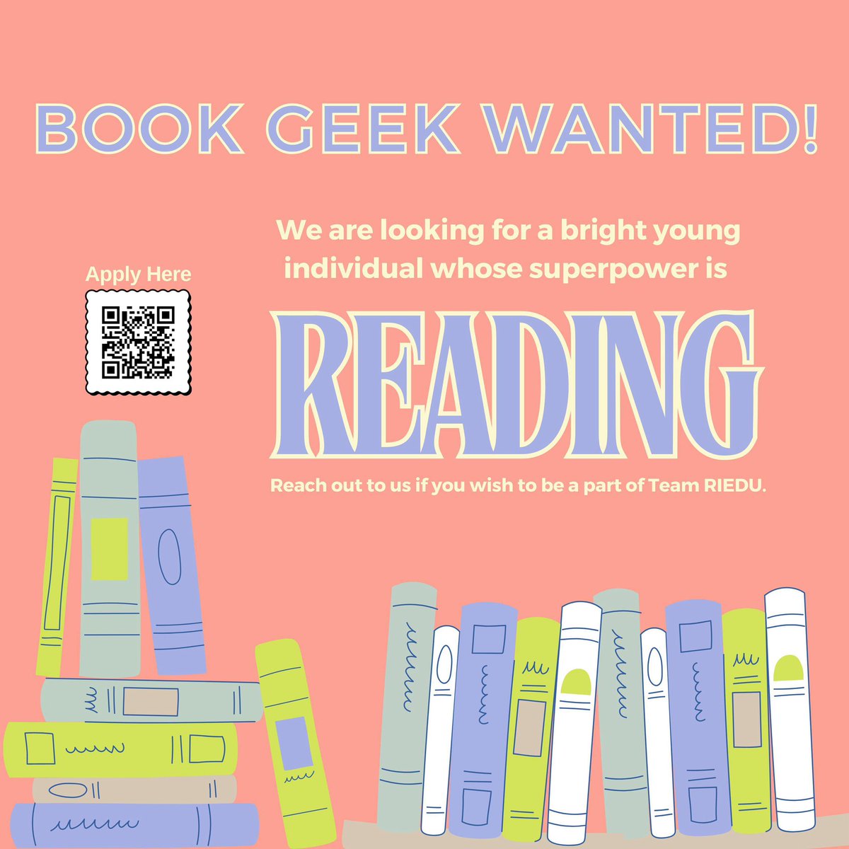 RIEDU_'s tweet photo. BOOK GEEK WANTED‼️

We are looking for a bright young individual (18-23 years) whose superpower is Reading📚Reach out to us if you wish to be a part of Team RIEDU🫶🏻

Apply Here - https://t.co/SjbiN5Kvk3

#booklover #wearehiring #hiringpost #riedu #applynow #bookgeekwanted https://t.co/zDCeVbd3xv