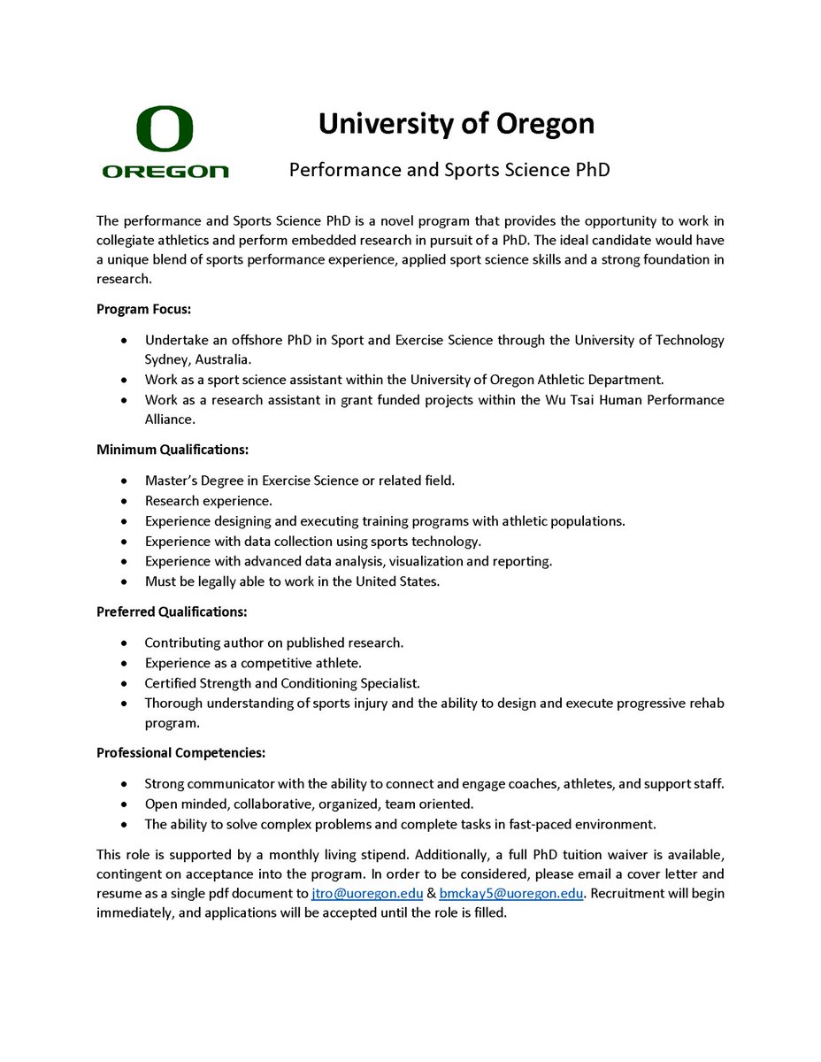 Jobs in Sport Science (@jobsinsportsci) on Twitter photo Title: PhD - Performance and Sport Science
📍Place: <a href="/uoregon/">University of Oregon</a> 🇺🇸
💰Salary: TBC
📅Deadline: -
ℹ For more details👇 Title: PhD - Performance and Sport Science
📍Place: <a href="/uoregon/">University of Oregon</a> 🇺🇸
💰Salary: TBC
📅Deadline: -
ℹ For more details👇