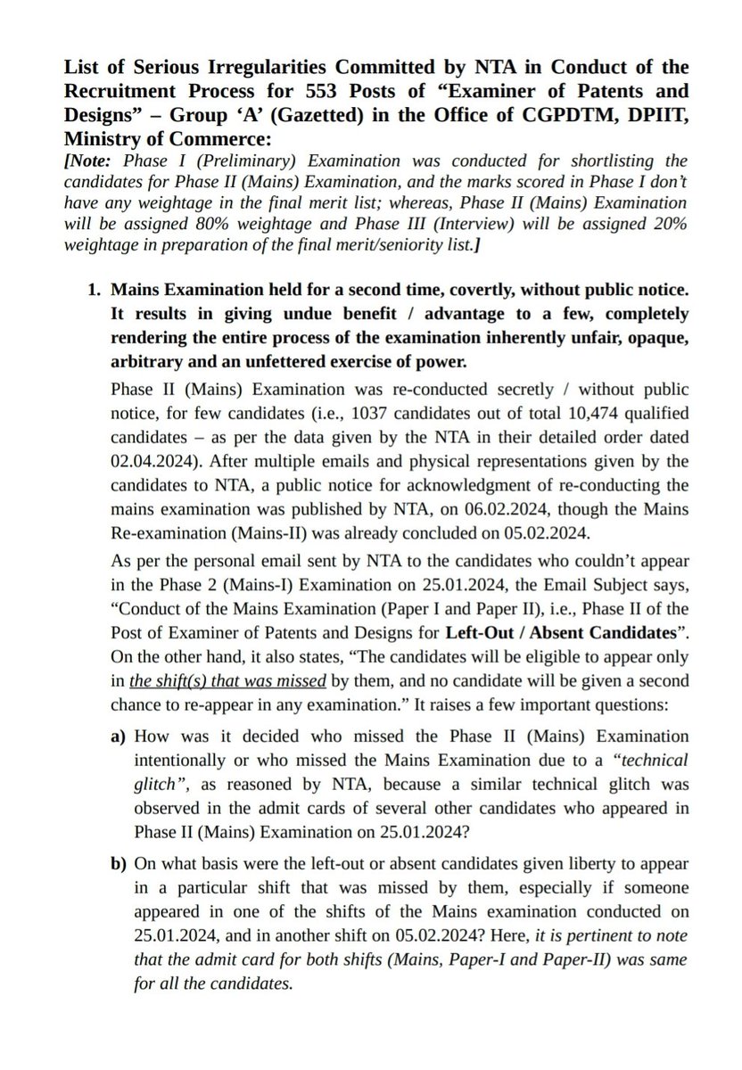 vivek24_singh's tweet image. #CGPDTM_Scam
#NTA_Scam
#CGPDTM 
@DPIITGoI @cgpdtm_india @unnatpandit 
NTA committed several irregularities throughout the recruitment process of &quot;Examiner of Patents and Designs&quot; (Group &apos;A&apos;) to give undue advantage to a few candidates.
An independent inquiry must take place.