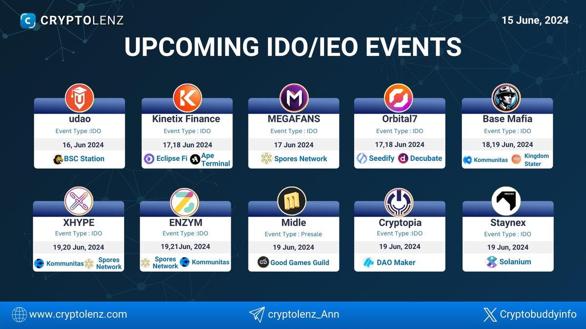 Upcoming #IDO/#IEO events for the week.

<a href="/udao_official/">udao</a> 
<a href="/KinetixFi/">Kinetix</a> 
<a href="/MegafansGaming/">MEGAFANS</a> 
<a href="/Orbital7BTC/">Orbital7</a> 
<a href="/Mafia_on_Base/">𝕭𝖆𝖘𝖊 𝕸𝖆𝖋𝖎𝖆 🛡️</a> 
<a href="/xhypeofficial/">XHYPE</a> 
@enzymlive 
<a href="/midle_official/">Midle</a> 
<a href="/CryptopiaOFCL/">Cryptopia</a> 
<a href="/staynexcom/">Staynex ™</a> 

=> Check out our websites to know more about upcoming IDO/IEO events: