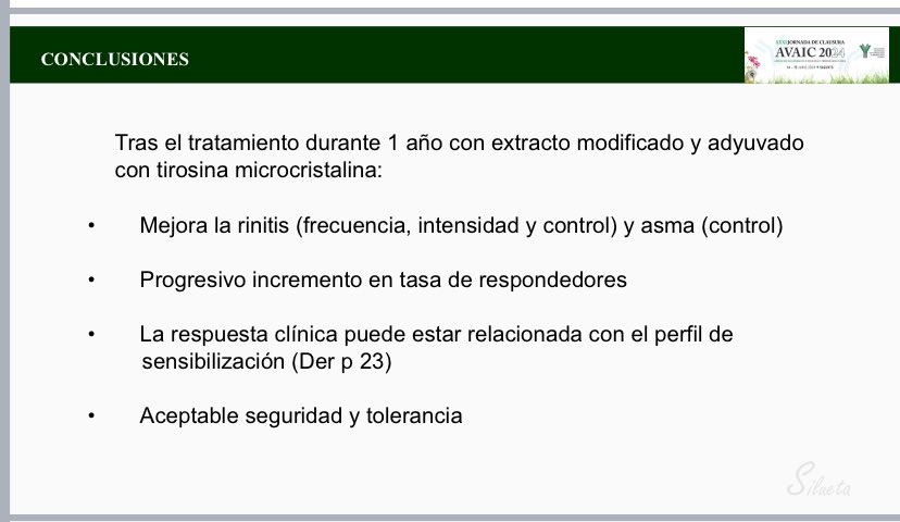 Estudio Silueta.

👉🏻 226 pacientes reclutados.
👉🏻 36 perfiles de sensibilización

Tras primer año con extracto polimerizado y adyuvado con MCT

➡️ Mejora Rinitis y Asma desde los 6 meses
➡️ Progresivo incremento tasa respondedores
➡️ Aceptable seguridad y tolerancia 

#AVAIC2024