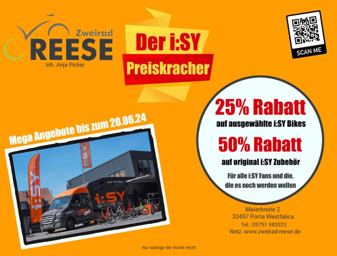 ReeseZweirad's tweet image. Das i:SY Truck Event war ein voller Erfolg und die Rabatte gehen weiter. Noch bis zum 20.06.24 geben wir euch ganze 25% auf unsere i:SY Bikes, sowie 50% auf original i:SY Zubehör🤯😎
Kommt vorbei, es lohnt sich 😉 #angebote #angebotderwoche #rabatte #rabattaktion