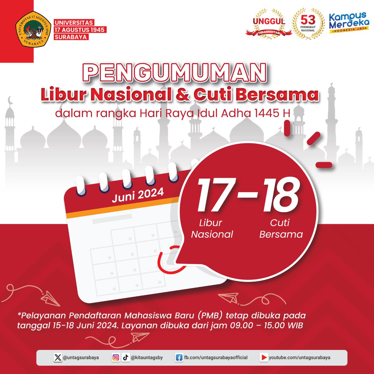 Untuk  pelayanan Pendaftaran Mahasiswa Baru (PMB) tetap dibuka pada tgl 15  sd 18 Juni 2024, pukul 9 pagi hingga pukul 3 sore.

#PilihKuliah
#KuliahdiSurabaya
#MerantauKuliahdiSurabaya
#PrestasiKuliah
#KuliahTerbaik
#DaftarKuliah
#KampusImpian