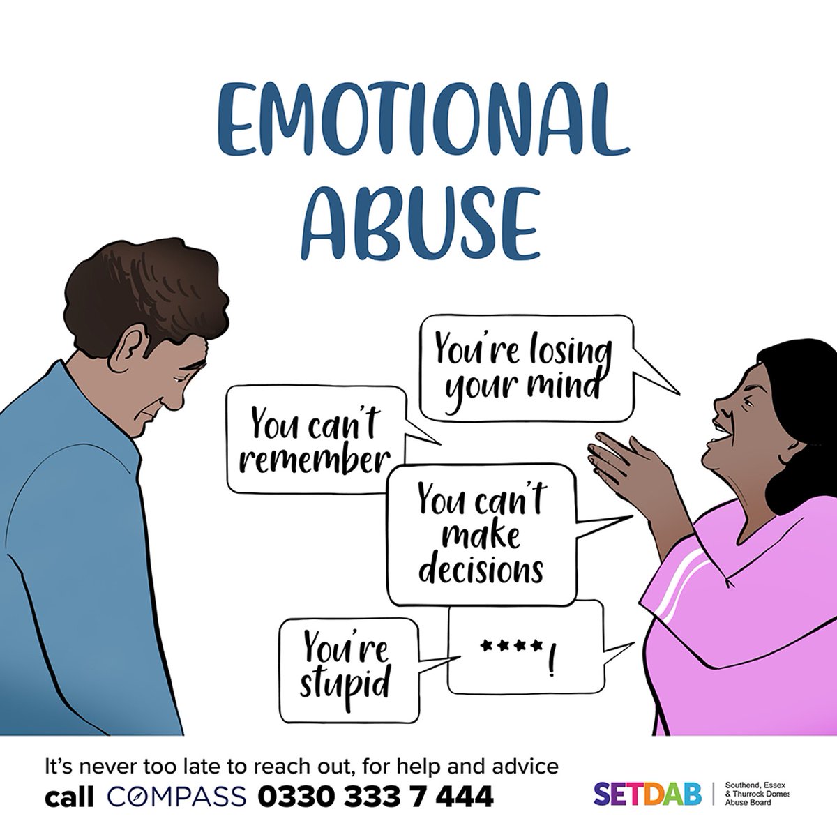 Feeling unhappy about how a family member or partner treats you? Are they criticising you and making you feel bad about yourself? Essex Compass can help. Call 0330 333 7 444 or visit their website. #ItsNeverTooLate