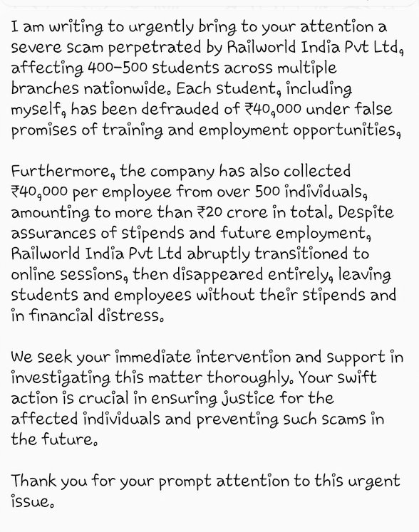shoebkhan227's tweet photo. Hi,  dear sir

I'm writing to bring to your attention a severe scam perpetrated by Railworld India Pvt Ltd. (Morethan 20 crore rs collected from employee)
#justis #RWIFraud #support
@PMOIndia @RoflGandhi_
@CMOMaharashtra
@aajtak @dhruv_rathee
@ravishndtv https://t.co/JWbavsQG4r