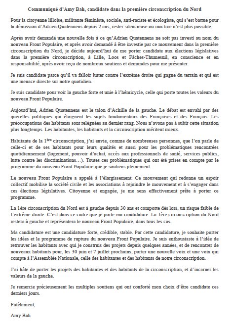 Amy Bah (@amybah_) on Twitter photo Je suis candidate dans la 1ère circonscription du Nord face à <a href="/AQuatennens/">Adrien Quatennens</a>. Je soutiens le programme du #NouveauFrontPopulaire, et je porte toutes les valeurs de gauche.
Pour une gauche forte et unie face à l’extrême droite.
Merci aux nombreux soutiens.
#AmyBahLille Je suis candidate dans la 1ère circonscription du Nord face à <a href="/AQuatennens/">Adrien Quatennens</a>. Je soutiens le programme du #NouveauFrontPopulaire, et je porte toutes les valeurs de gauche.
Pour une gauche forte et unie face à l’extrême droite.
Merci aux nombreux soutiens.
#AmyBahLille