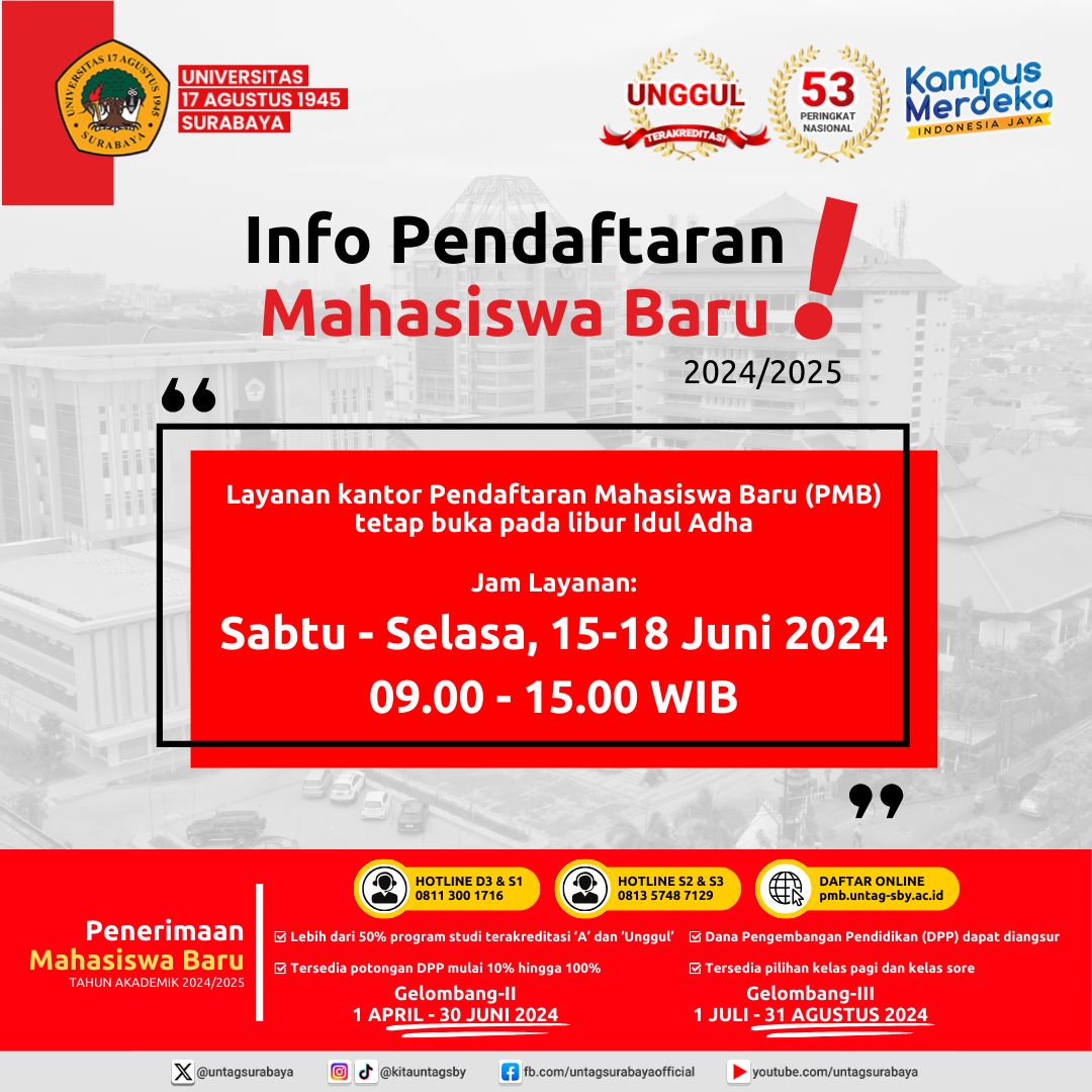 udah siap menempuh pendidikan di Perguruan Tinggi terakreditasi Unggul? 

Pendaftaran Mahasiswa Baru tahun akademik 2024/2025 Gelombang II masih dibuka sampai 30 Juni 2024. 

📌 Dapatkan potongan DPP sd 20%

#KampusPilihan
#AkreditasiUnggul 
#KampusTerbaik
#KampusAkreditasiUnggul