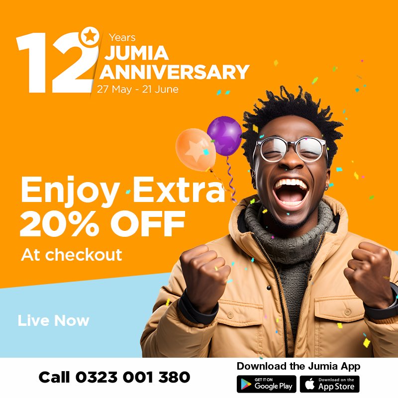 Extra 20% off at check out is live now🔥🔥 Don’t miss it‼️

Click >> t.ly/10R6A
#JumiaAnniversary