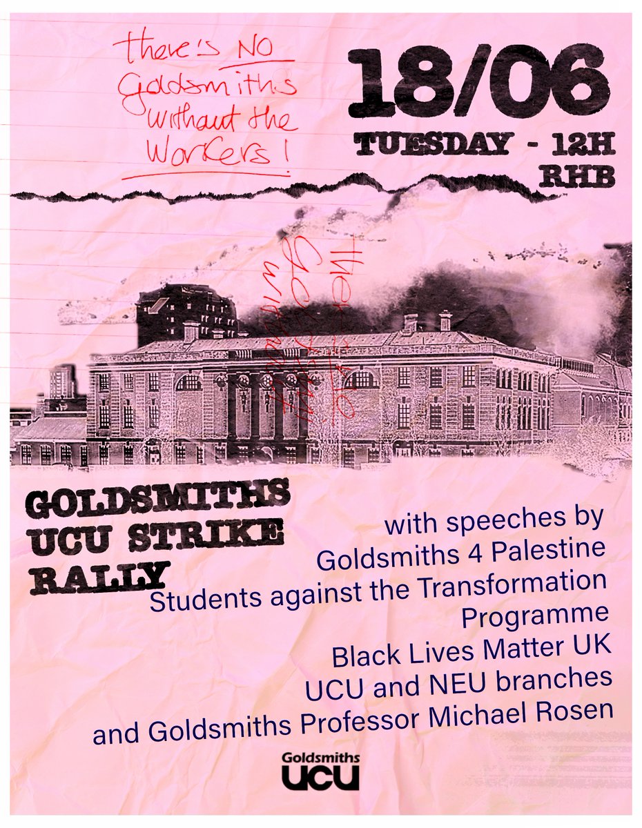 Staff at <a href="/GoldsmithsUoL/">Goldsmiths, University of London</a> are 🚫ON STRIKE🚫 from next week!

Join us on campus for a 💪SOLIDARITY RALLY💪 on Tuesday 18/06 at 12pm &amp; remind Goldsmiths' managers that there is NO Goldsmiths without its WORKERS. 

These cuts are #NotADoneDeal! We know it, and so do they.