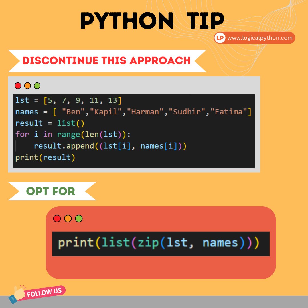 kodegurukul's tweet image. Quick Python tip: Streamline your code with this trick! 🐍💡
#CodingTip #pythonprogramming #python #pythoncodesnippets #pythondevelopers #python3
#codersife #laptop #coding #tipsntricks #code