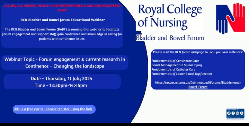 RCN Bladder and Bowel Forum (@rcncontinence) on Twitter photo Free webinar our next <a href="/RCNContinence/">RCN Bladder and Bowel Forum</a> Forum webinar - Current research in Continence will take place on the 11th June from 13.30 rcn.org.uk/news-and-event… <a href="/NikkiC07/">Prof Nikki Cotterill</a> #RCN #Continence #Care Free webinar our next <a href="/RCNContinence/">RCN Bladder and Bowel Forum</a> Forum webinar - Current research in Continence will take place on the 11th June from 13.30 rcn.org.uk/news-and-event… <a href="/NikkiC07/">Prof Nikki Cotterill</a> #RCN #Continence #Care