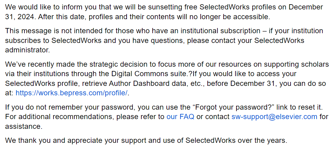 nicole_mathys's tweet photo. @ElsevierConnect I'm really disappointed
-> the SelectedWorks /Bepress pages will be shut down
#researcharticles 
-> which alternatives do I have? https://t.co/hUPpTxJuMP